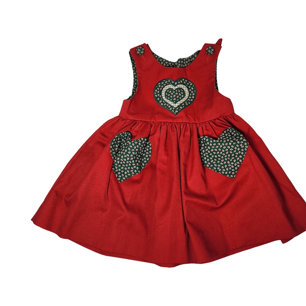 Vintage Handmade Red Heart Dress Girls Kids 3-4T Red Green Calico Hearts
